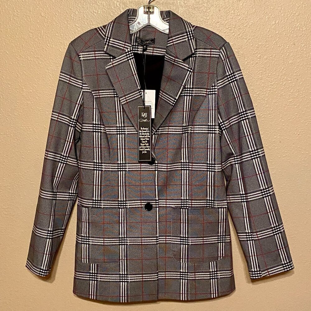 DG2 Diane Gilman Black White Burgundy Plaid Stretch Blazer, NWT, Size M